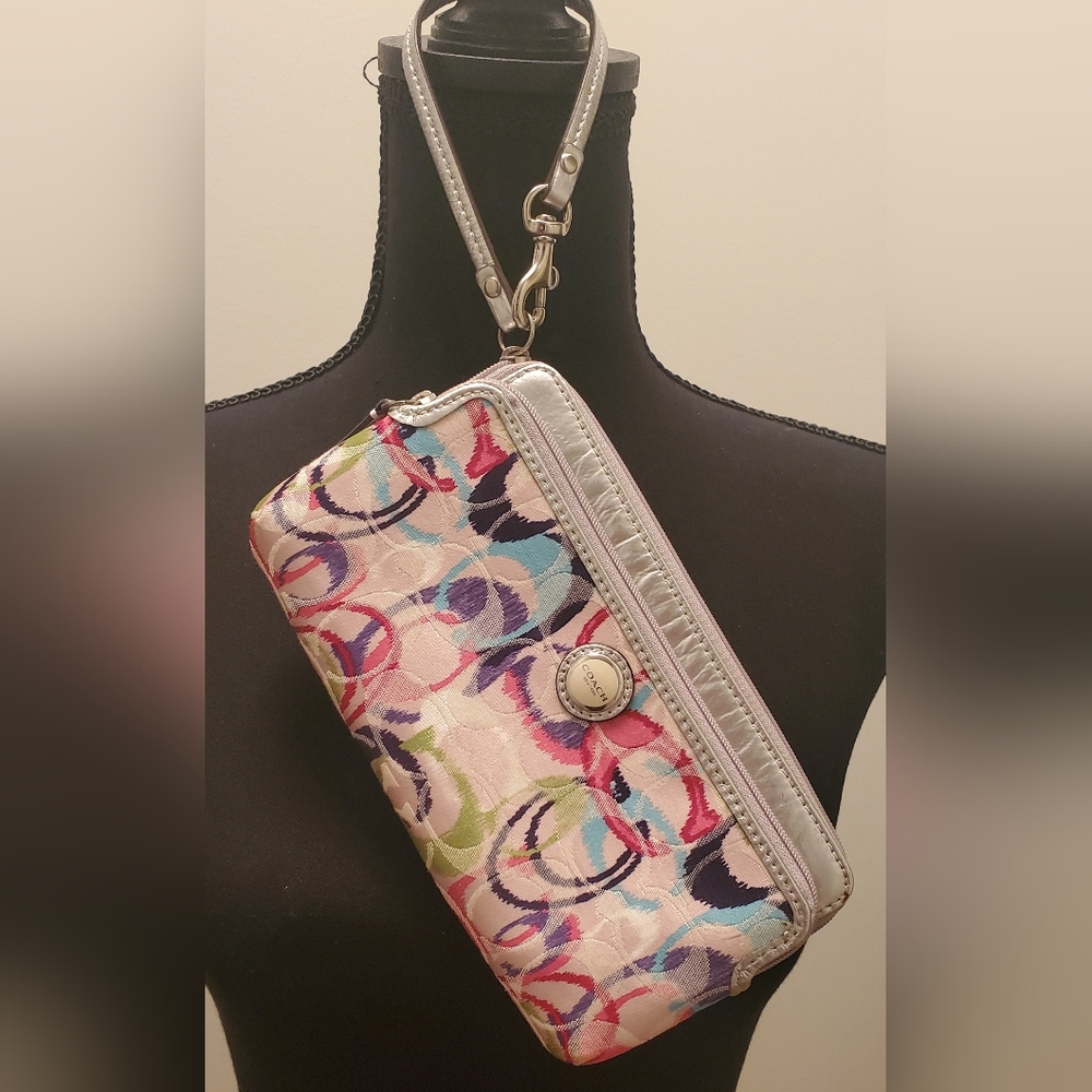 Coach Wristlet Double Zip with Silver Leather Trim